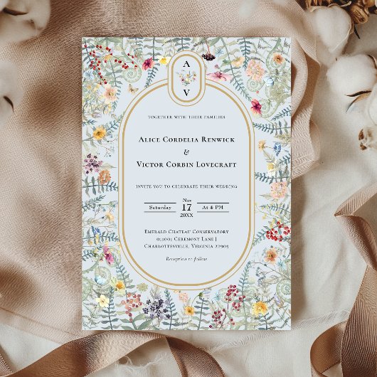 Invitation Fleur sauvage vintage Dusty Blue Mariage Monogramm
