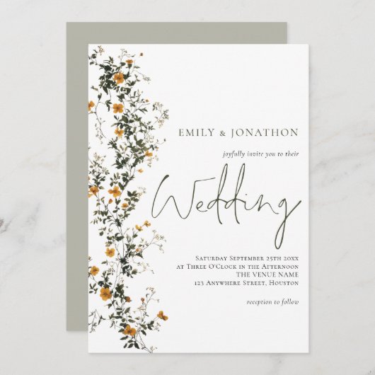 Invitation Fleur sauvage vintage Script Sage Mariage jaune (Devant / Derrière)