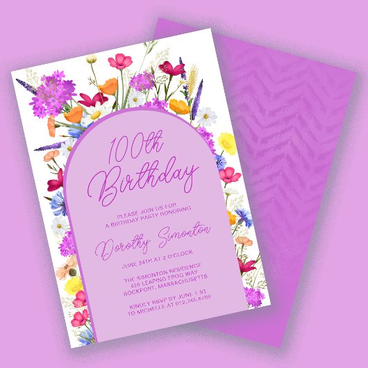 Invitation Fleur sauvage violet Boho Arch 100e fête d'anniver