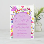 Invitation Fleur sauvage violet Boho Arch 100e fête d'anniver (Debout devant)