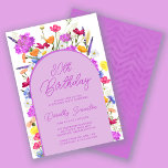 Invitation Fleur sauvage violet Boho Arch 30e fête d'annivers<br><div class="desc">Une arche violette de Boho entoure vos détails de fête du 30e anniversaire. Des fleurs sauvages colorés apportent une touche florale violet, jaune orangé et rouge. Le script moderne aussi en violet ajoute une ambiance tendance qui est aussi féminine. Le dos est violet profond avec un subtil motif de chevron...</div>