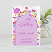 Invitation Fleur sauvage violet Boho Arch 80e fête d'annivers (Debout devant)