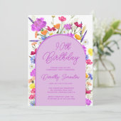 Invitation Fleur sauvage violet Boho Arch 90e fête d'annivers (Debout devant)