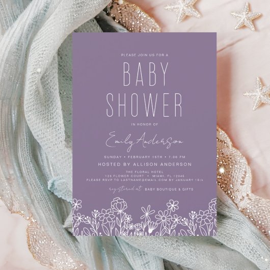 Invitation Fleur sauvage violet Boho Baby shower moderne