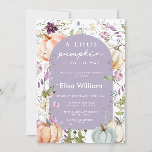 Invitation Fleur sauvage violet Citrouille Baby shower Garden (Devant)