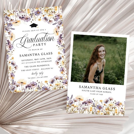 Invitation Fleur sauvage violet moderne fête de graduation ph