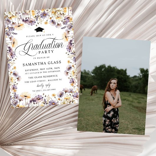 Invitation Fleur sauvage violet moderne fête de graduation ph