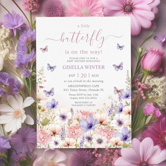 Invitation Fleur sauvage violet papillons Baby shower