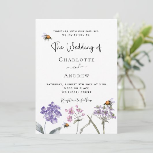 Invitation Fleur sauvage violet rose QR RSVP détails mariage (Debout devant)