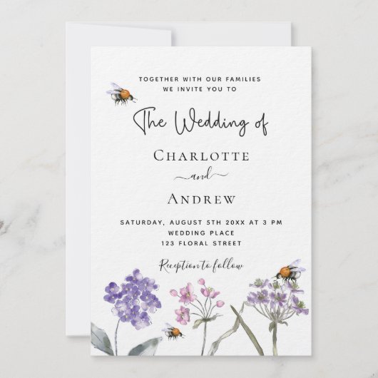 Invitation Fleur sauvage violet rose QR RSVP mariage de luxe (Devant)
