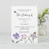 Invitation Fleur sauvage violet rose QR RSVP mariage de luxe (Debout devant)