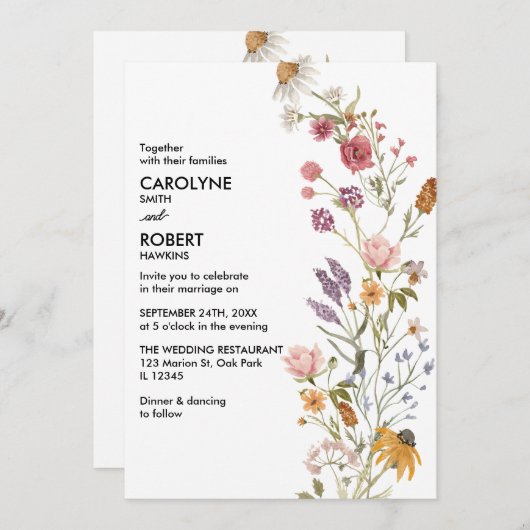 Invitation Fleur sauvage Whimsical Elegant Boho Mariage (Devant / Derrière)