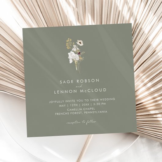 Invitation Fleur sauvage Whimsical simple | Carré vert Sage