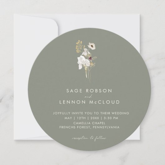 Invitation Fleur sauvage Whimsical simple | Cercle vert Sage (Devant)