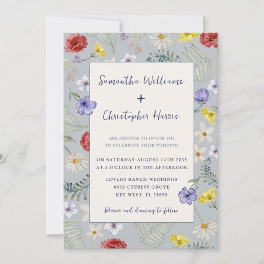 Invitation Fleur sauvage Whimsy Dusty Blue Mariage (Devant)