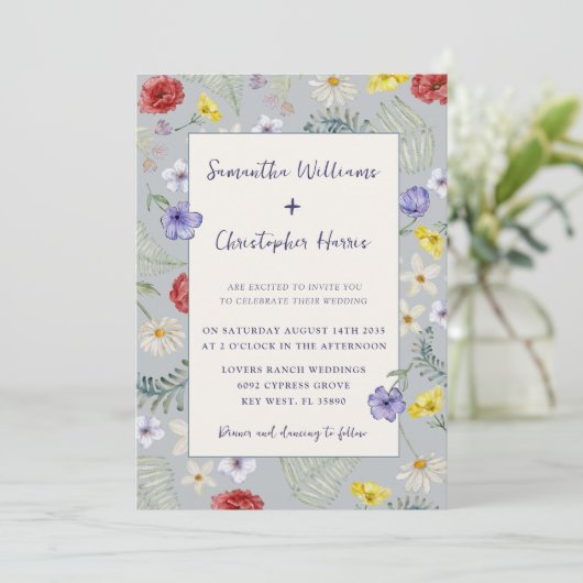 Invitation Fleur sauvage Whimsy Dusty Blue Mariage (Debout devant)