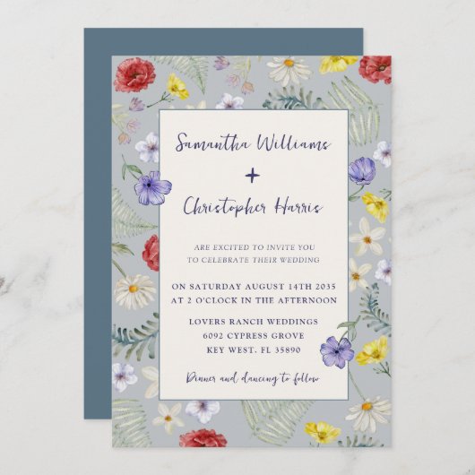 Invitation Fleur sauvage Whimsy Dusty Blue Mariage (Devant / Derrière)