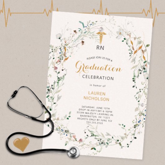 Invitation Fleur sauvage Wreath Médicale Graduation Party