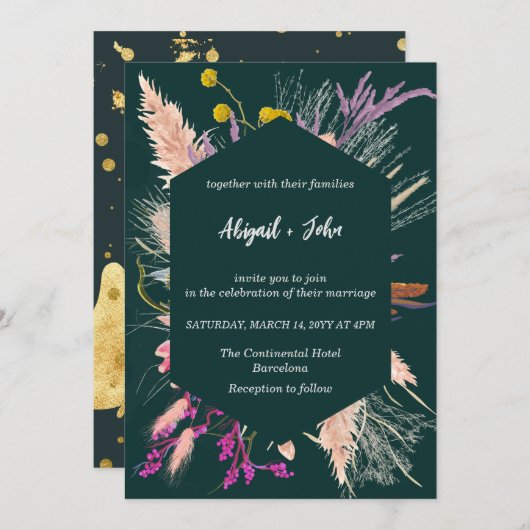 Invitation Fleur séchée Bordure géométrique Fond vert foncé (Devant / Derrière)