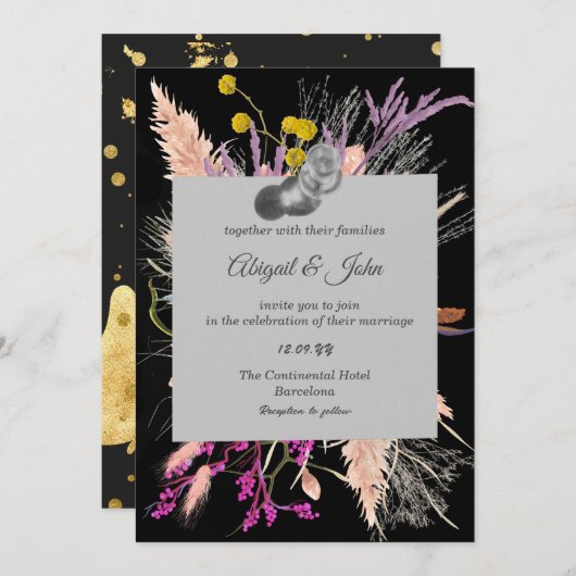 Invitation Fleur séchée/ Mariage noir et blanc (Devant / Derrière)