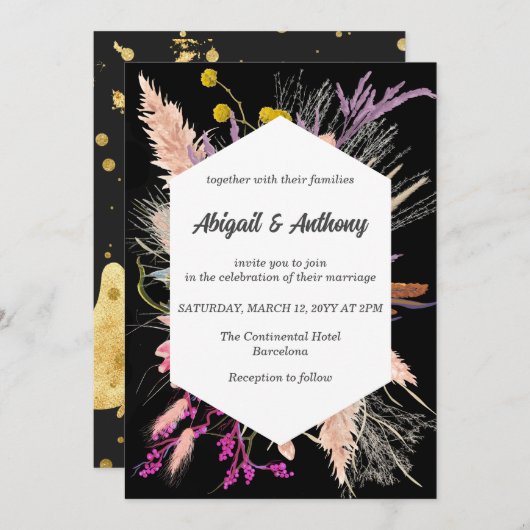 Invitation Fleur séchée/ Mariage noir et blanc (Devant / Derrière)