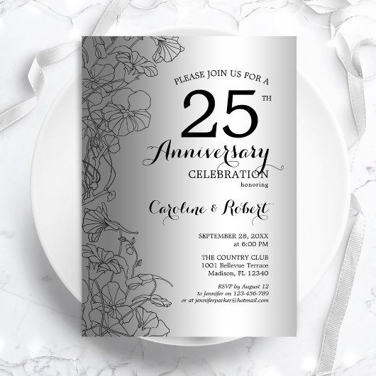Invitation Fleur Silver Black 25e Anniversaire