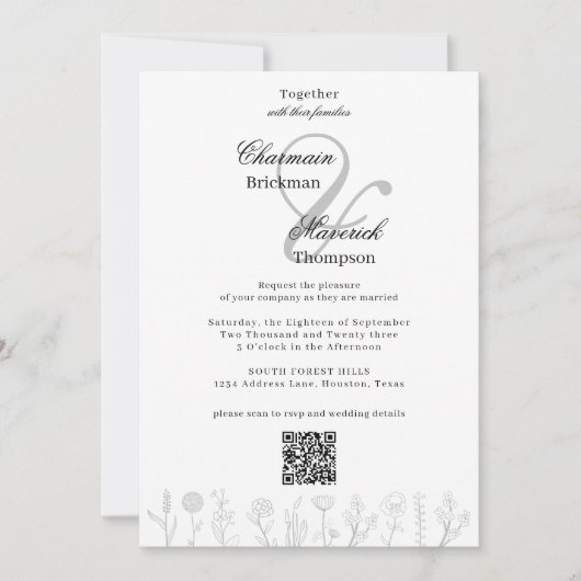 Invitation Fleur simple main dessinée Photo Qr Code Mariage (Devant)