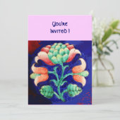INVITATION FLEUR STYLISÉE/ROSE ROUGE VERT ORANGE BLEU FLORAL (Debout devant)