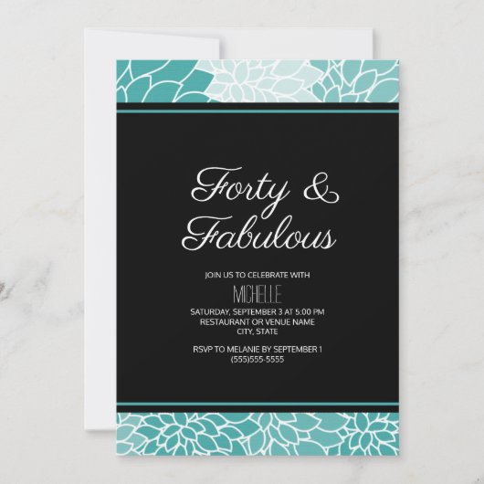 Invitation Fleur Teal White 40 et Fabuleuse Anniversaire (Devant)