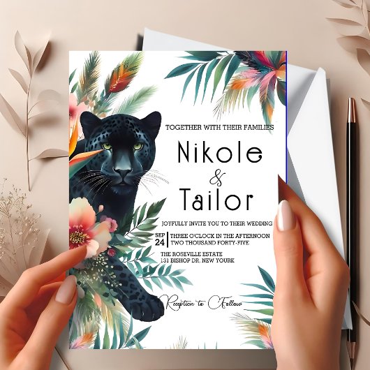 Invitation Fleur tropicale à l'aquarelle et jaguar