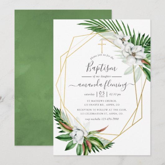 Invitation Fleur tropicale baptême aquarelle (Devant / Derrière)