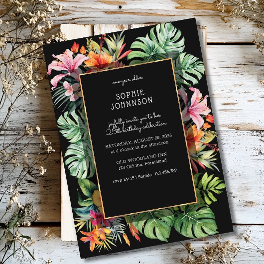 Invitation Fleur tropicale et anniversaire sombre feuille