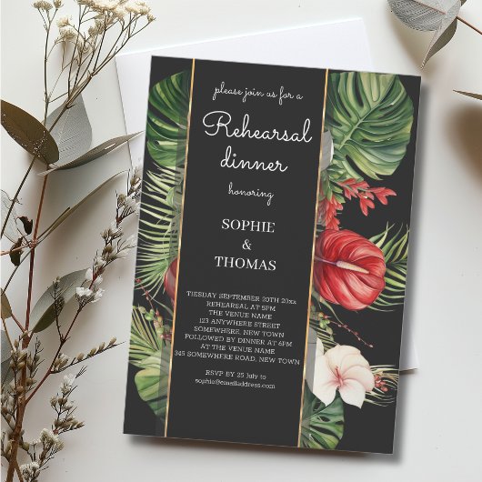Invitation Fleur tropicale et dîner de répétition sombre feui