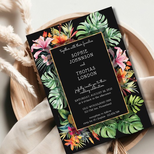 Invitation Fleur tropicale et mariage feuille couleur foncé