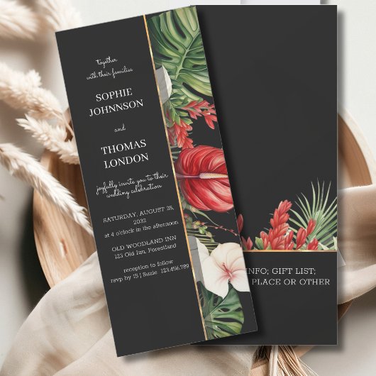 Invitation Fleur tropicale et mariage feuille couleur foncé