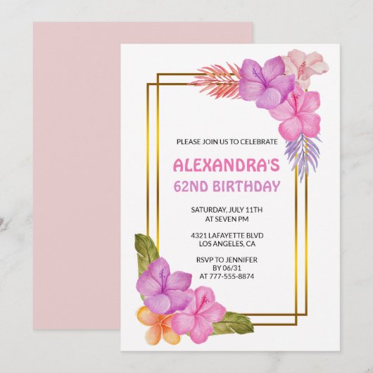 Invitation Fleur tropicale rose Luxe 62e anniversaire (Devant / Derrière)