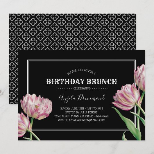 Invitation Fleur Tulip Anniversaire Brunch Noir (Devant / Derrière)