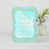 Invitation Fleur turquoise Damask rose Gold fête d'anniversai (Debout devant)