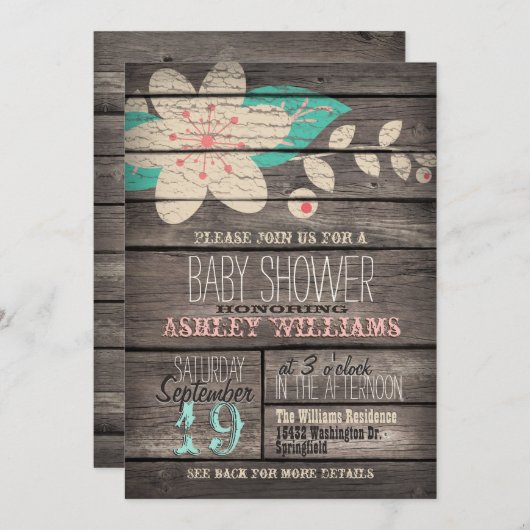 Invitation Fleur Turquoise & Rose, Baby shower Rustique (Devant / Derrière)