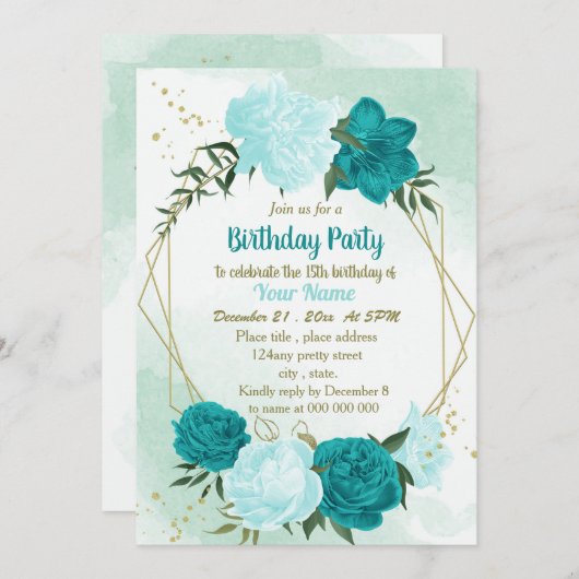 Invitation fleur turquoise vert feuilles anniversaire (Devant / Derrière)
