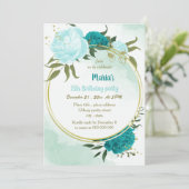 Invitation fleur turquoise vert feuilles anniversaire (Debout devant)