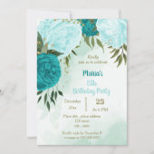 Invitation fleur turquoise vert feuilles anniversaire (Devant)