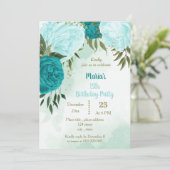 Invitation fleur turquoise vert feuilles anniversaire (Debout devant)
