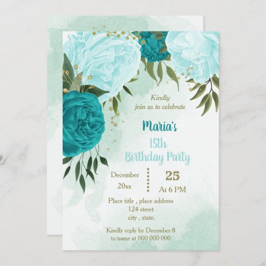 Invitation fleur turquoise vert feuilles anniversaire (Devant / Derrière)