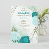 Invitation fleur turquoise vert feuilles anniversaire (Debout devant)
