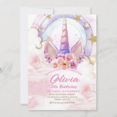 Invitation Fleur Unicorne et Arc-en-ciel Aquarelle Anniversai (Devant)