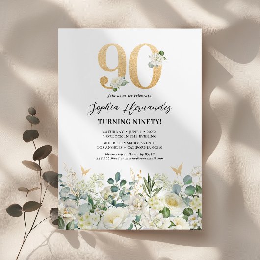 Invitation Fleur verte et blanche 90e fête d'anniversaire