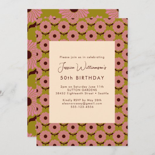 Invitation Fleur verte rose Boho Retro Super 50e anniversaire (Devant / Derrière)