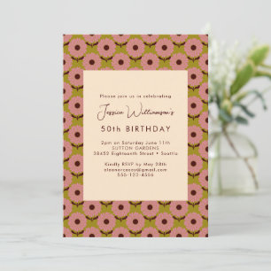 Invitation Fleur verte rose Boho Retro Super 50e anniversaire