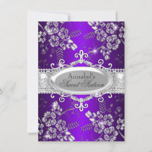 Invitation Fleur Violet Argent Étincelle Sweet 16